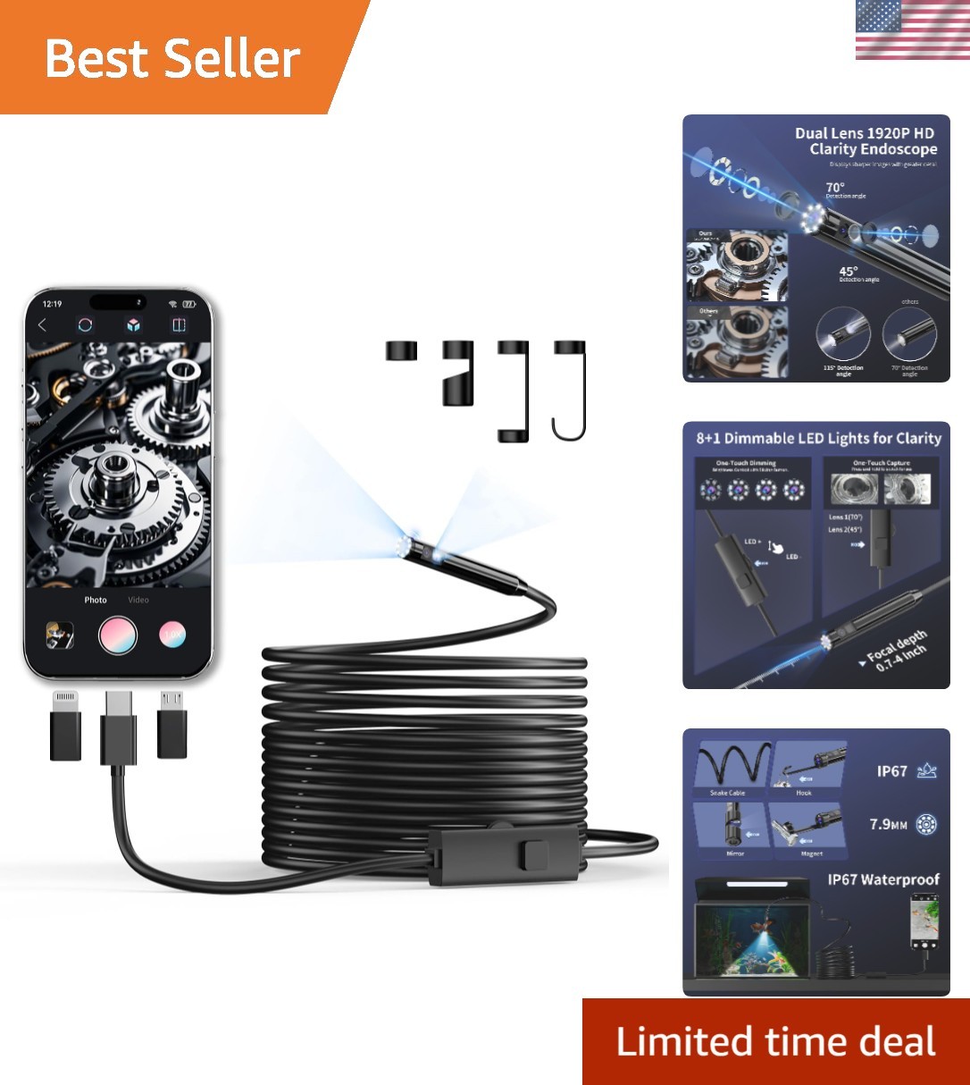 Dual Lens Inspection Camera - 8 Adjustable LEDs with 16.4ft Semi-Rigid Cable