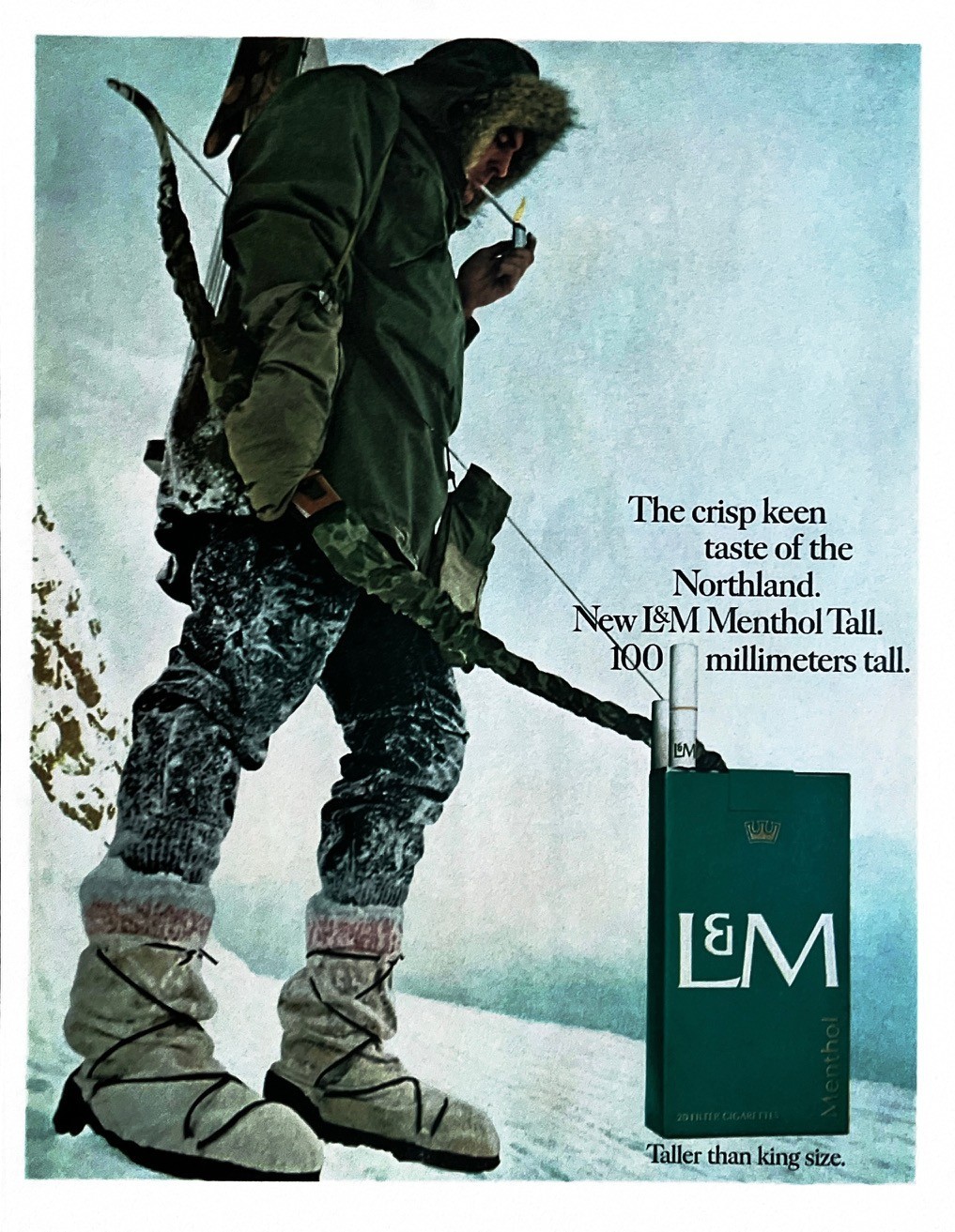 1967 L&M CIGARETTES Genuine Vintage Print Ad Arctic Bow Hunter