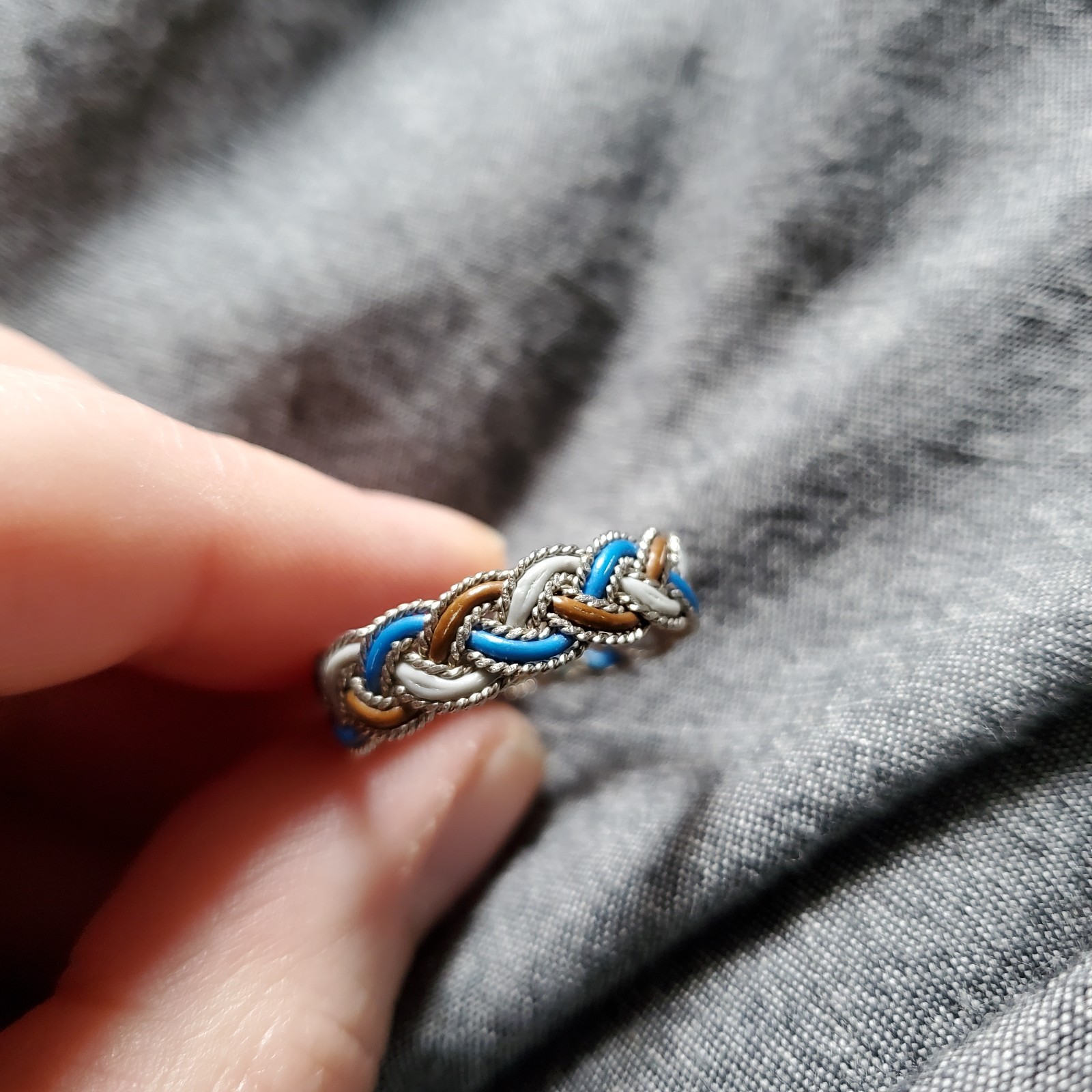 Handmade Upcycled Wire Ring, size 9.5 blue brown gray and silver