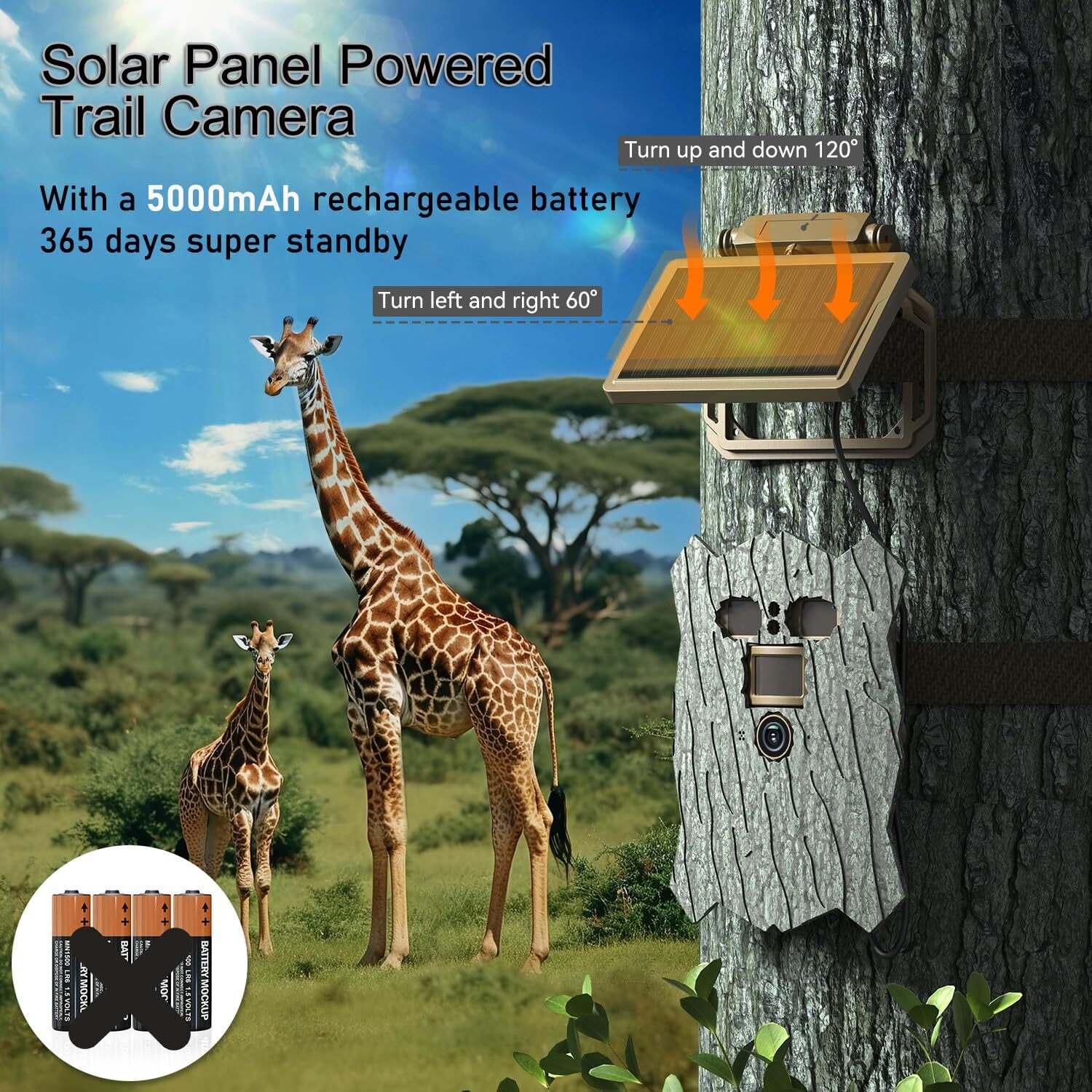 Trail Camera Solar Powered, 46MP 4K Game Wildlife Camera WIFI Night Vision