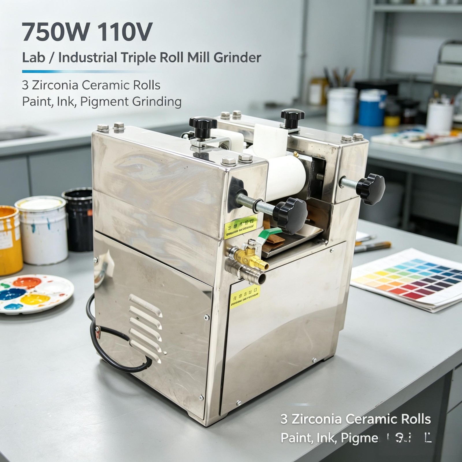 750W 110V Lab/Industrial Triple Roll Mill Grinder with 3 Zirconia Ceramic Rolls