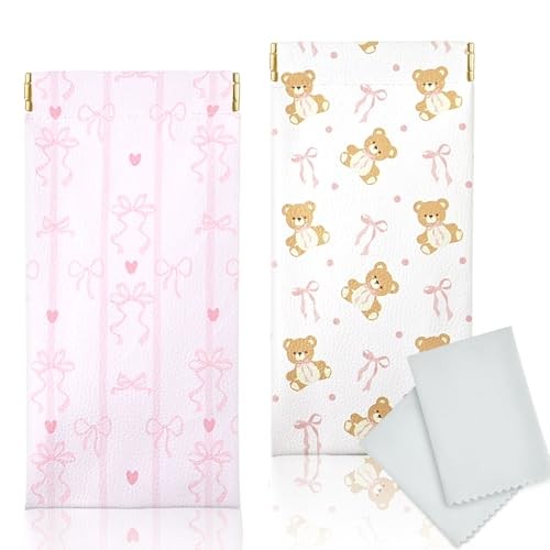 Soft Glasses Case, 2 Pcs Portable PU Leather Squeeze 2pcs Striped Bow+ Bear Bow