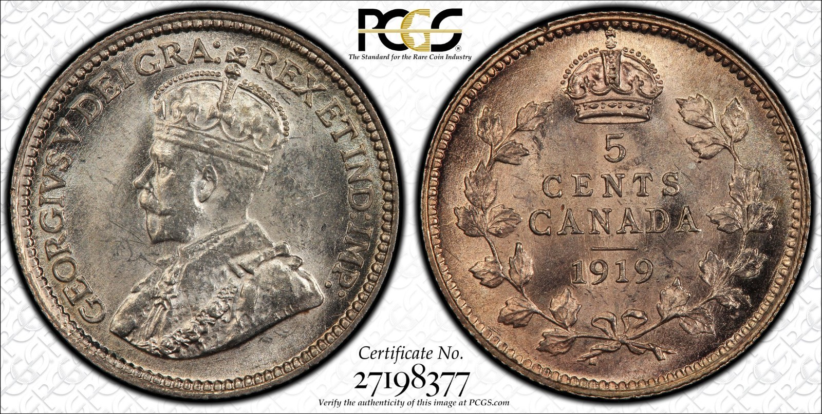 Canada 1919 Five Cents Silver Coin - PCGS MS64