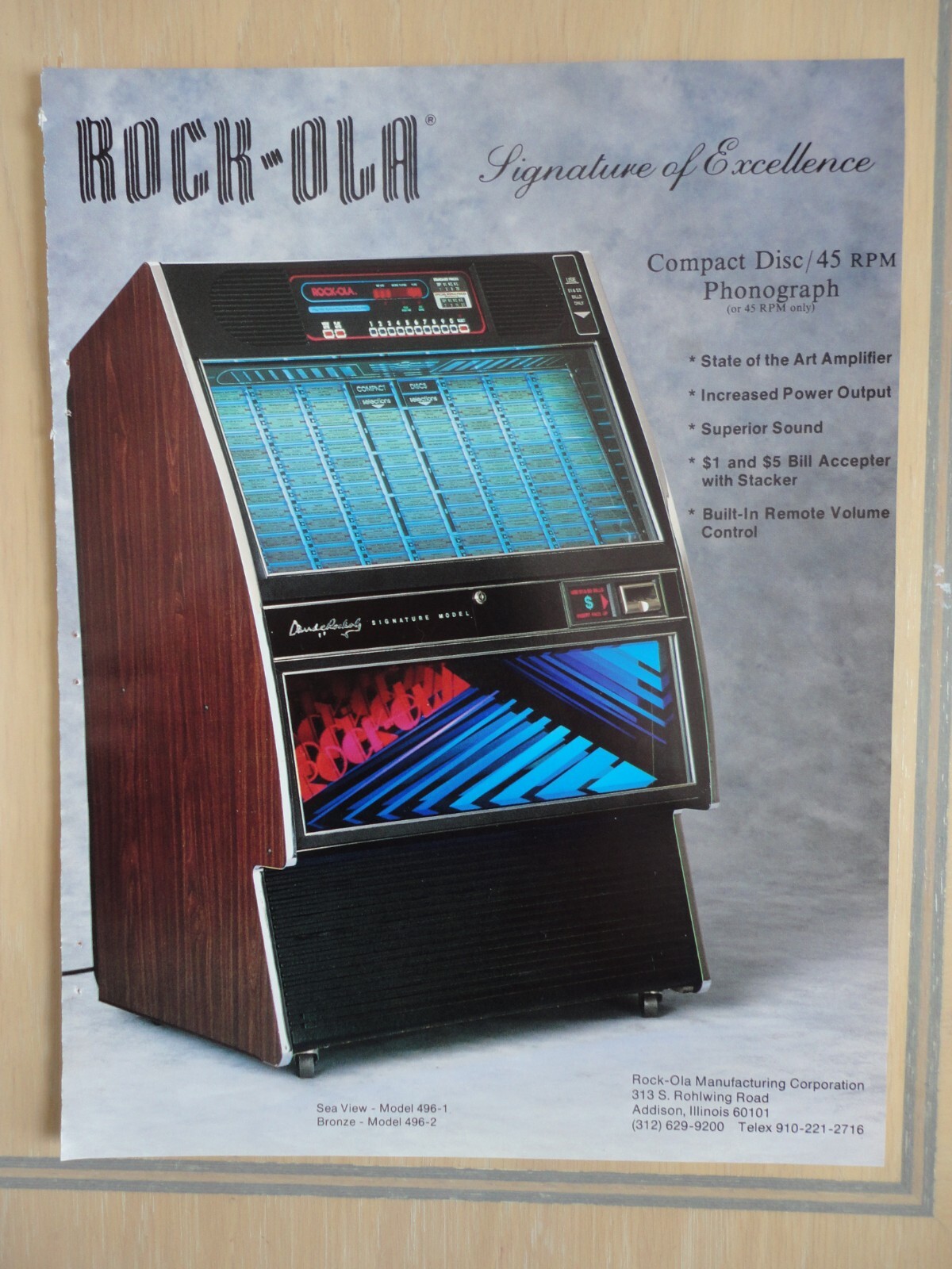 Rock-Ola 496 Jukebox Flyer Original Magazine Pull Out Ad