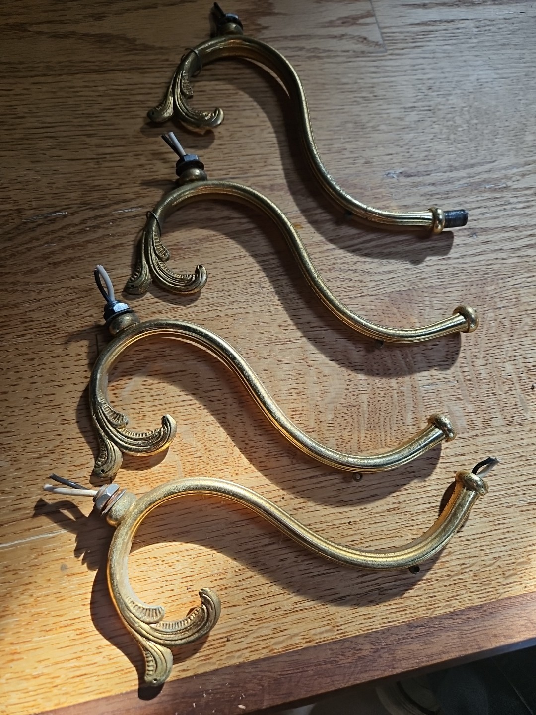 4 Antique Spanish Brass Bronze Chandelier Decorative Arms Bent Neck Prism Holder