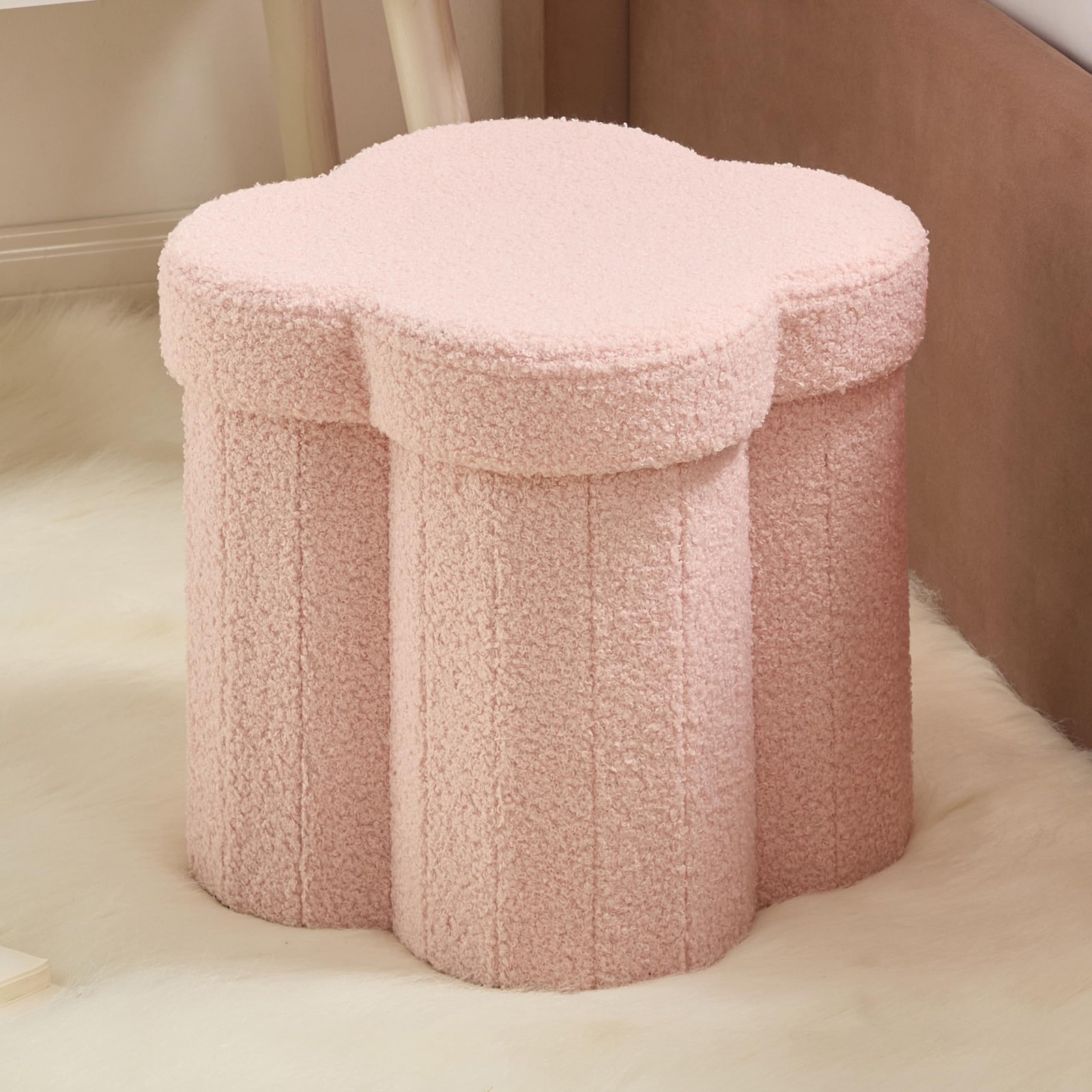 Pink Boucle Storage Ottoman Cube – Flower-Shaped Footstool with Storage, Faux...