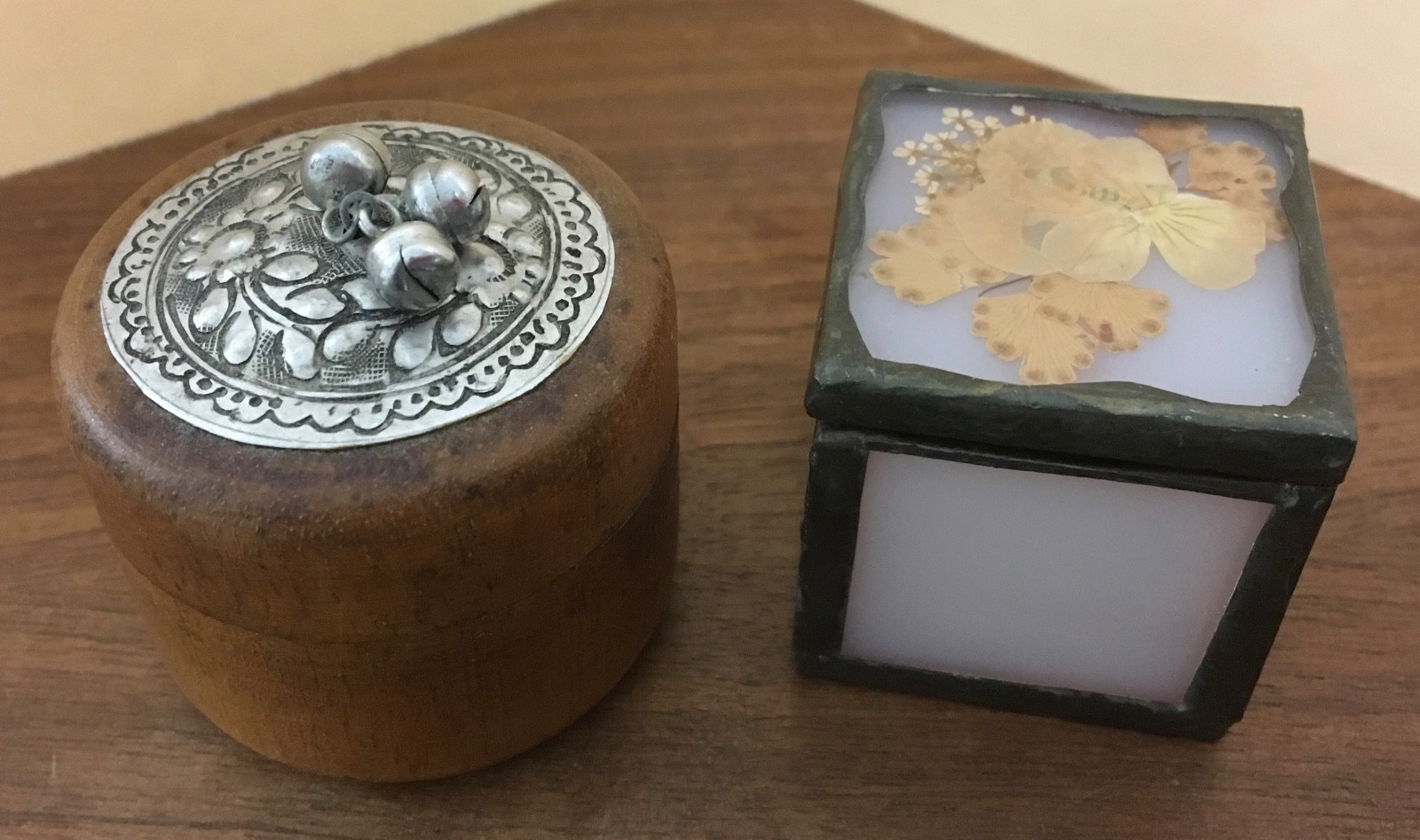 Pair of two small trinket boxes.  Collectible wooden and stained glass and lead