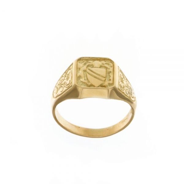 18K Yellow Gold 750/1000 Square Pattern Ring with Coat of Arms and La Decorations