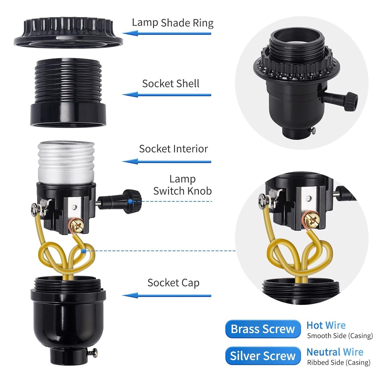 UL Listed E26 Lamp Socket Replacement, Turn Switch Knob ON/Off, Threaded Medi..