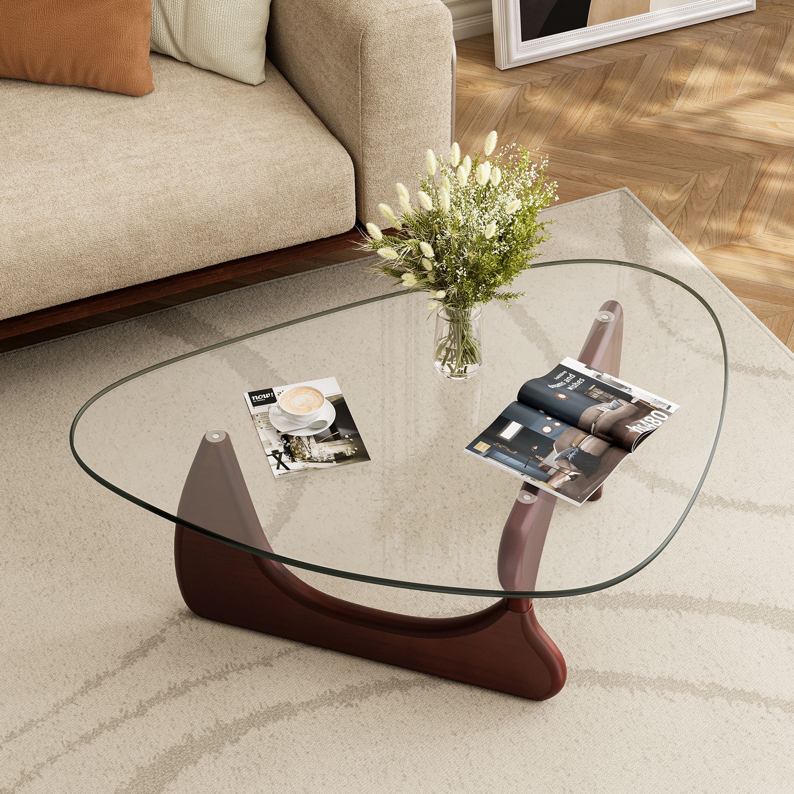 Mid-Century Modern Glass Coffee Table Classic Triangle Table Solid Wood Base