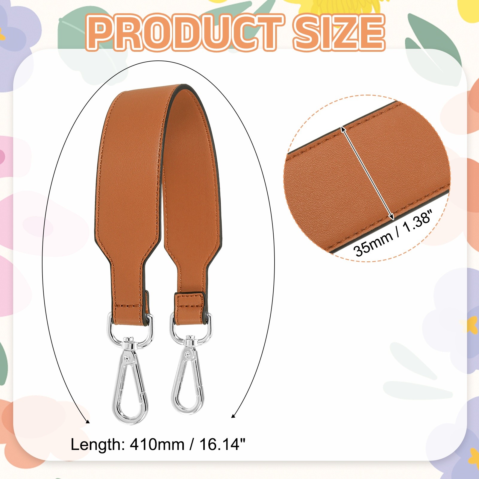 16 Inch Leather Purse Strap, Plain Pattern with Silver Buckle, Brown