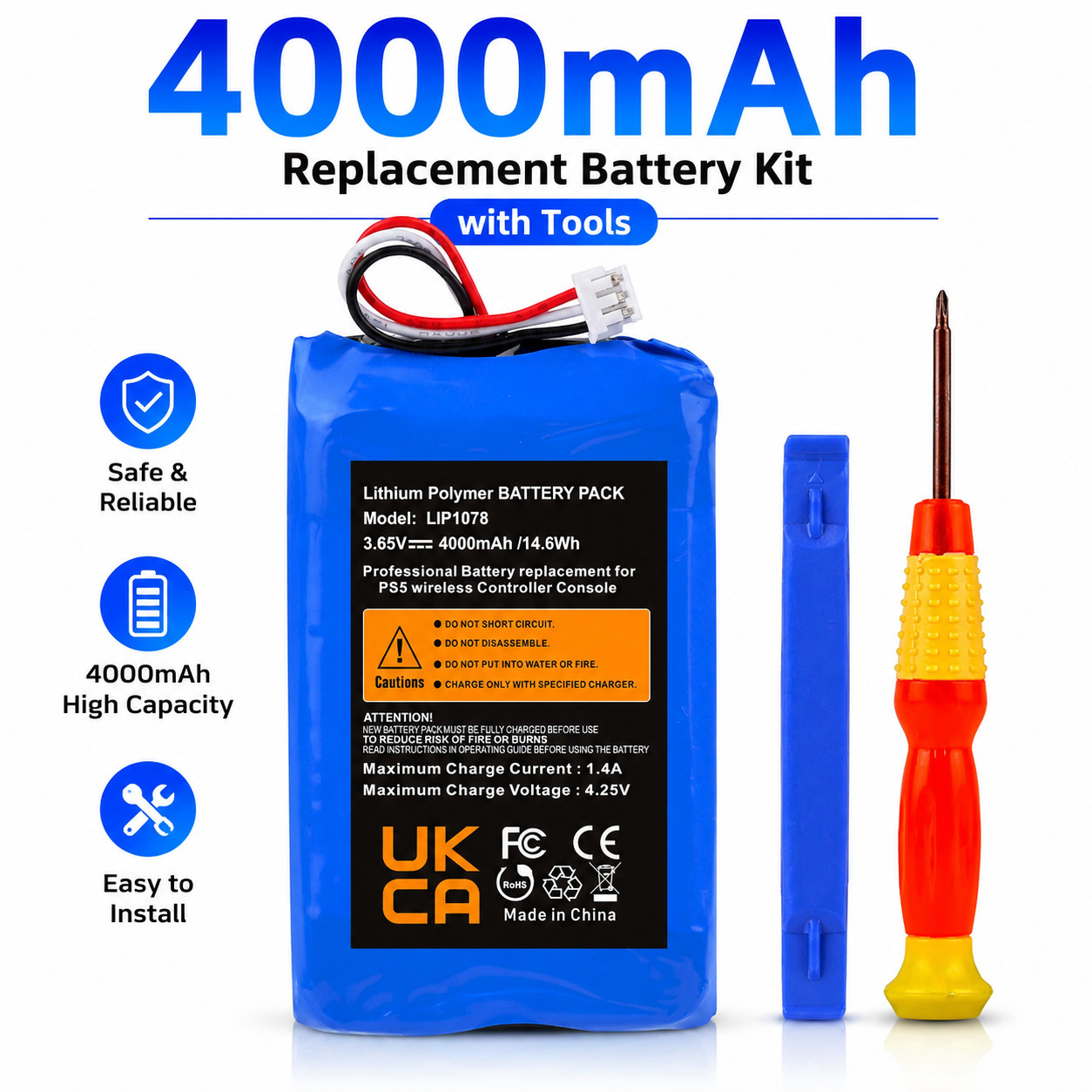 4000mAh Battery Replacement for Sony Playstation 5 Dualsense Controller w/ Tools