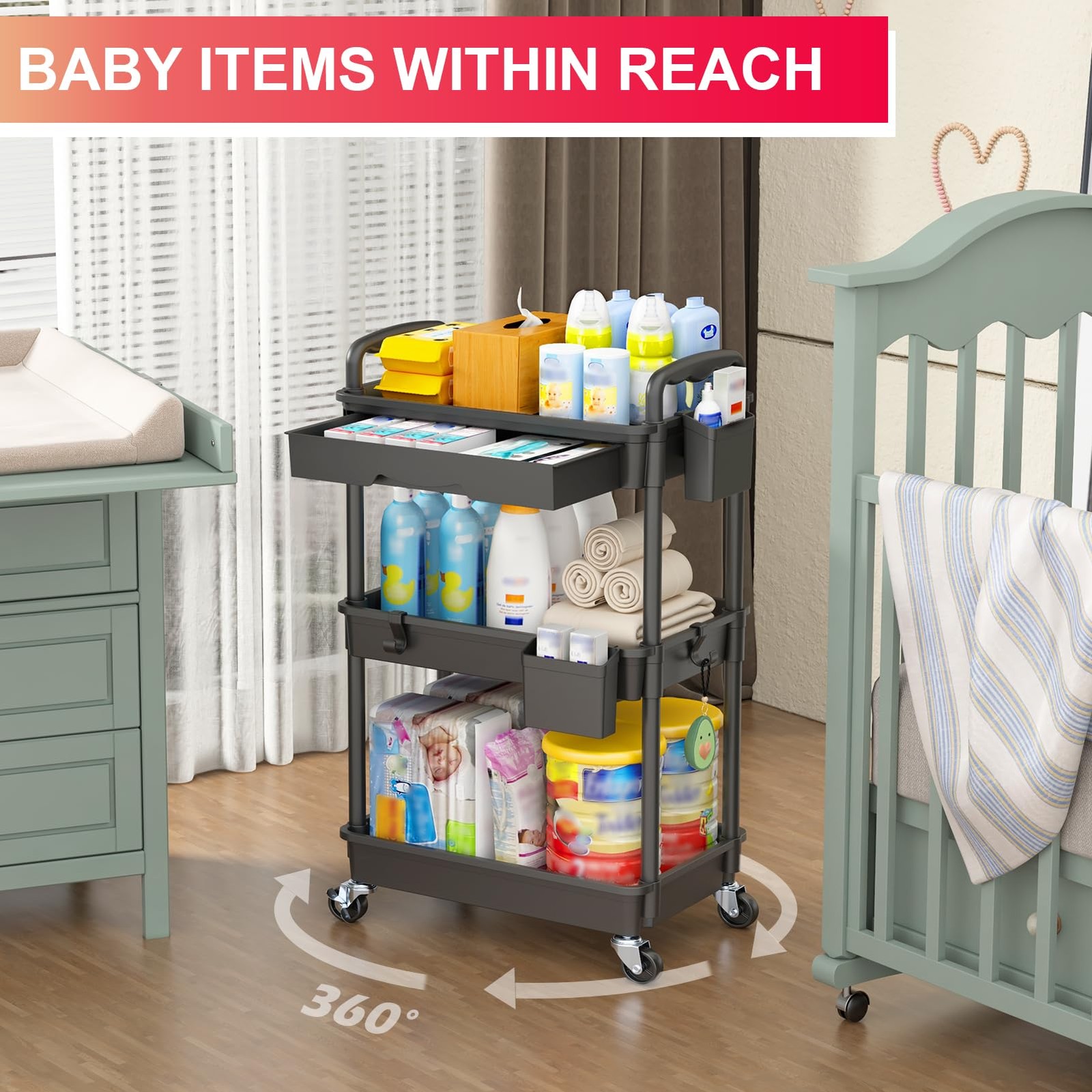 3 Tier Rolling Utility Cart Organizer with Removable Drawer Stable and Sturdy...