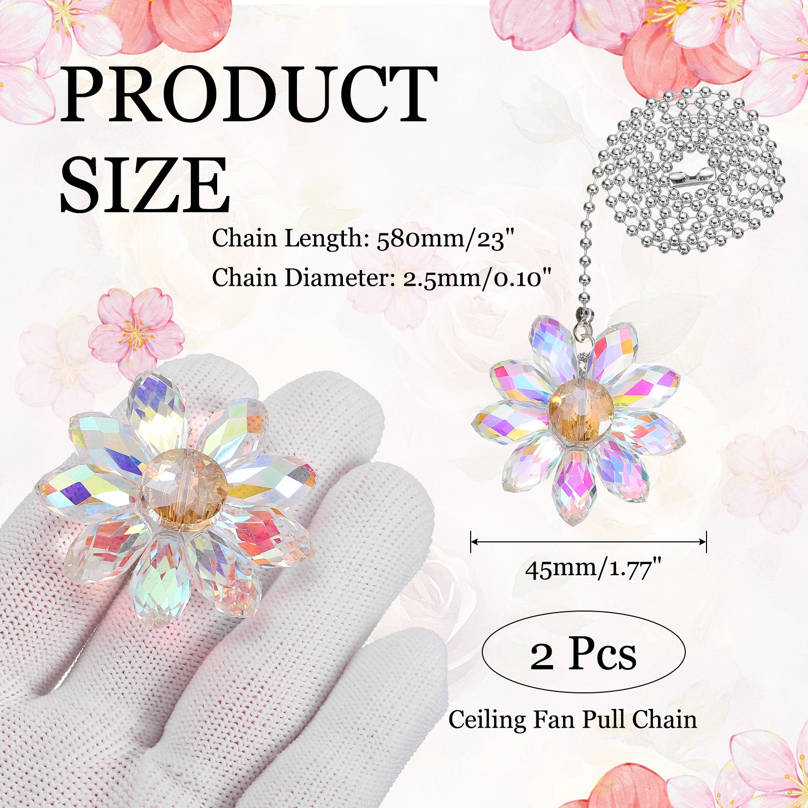 2Pcs Ceiling Fan Pull Chain, 24" Crystal Flower Pendant Chain Extender AB Color
