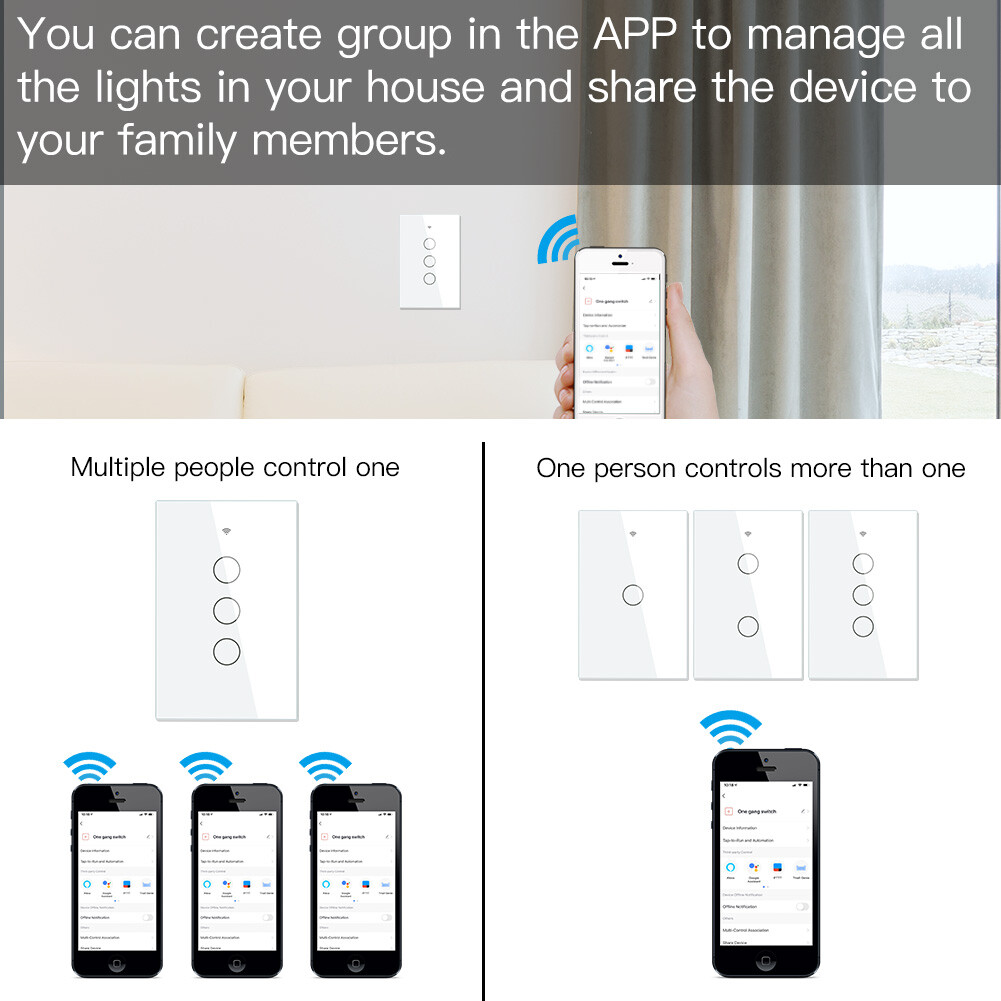 MOES WiFi RF Smart Light Switch Wall Touch Alexa Google Voice Control APP Remote
