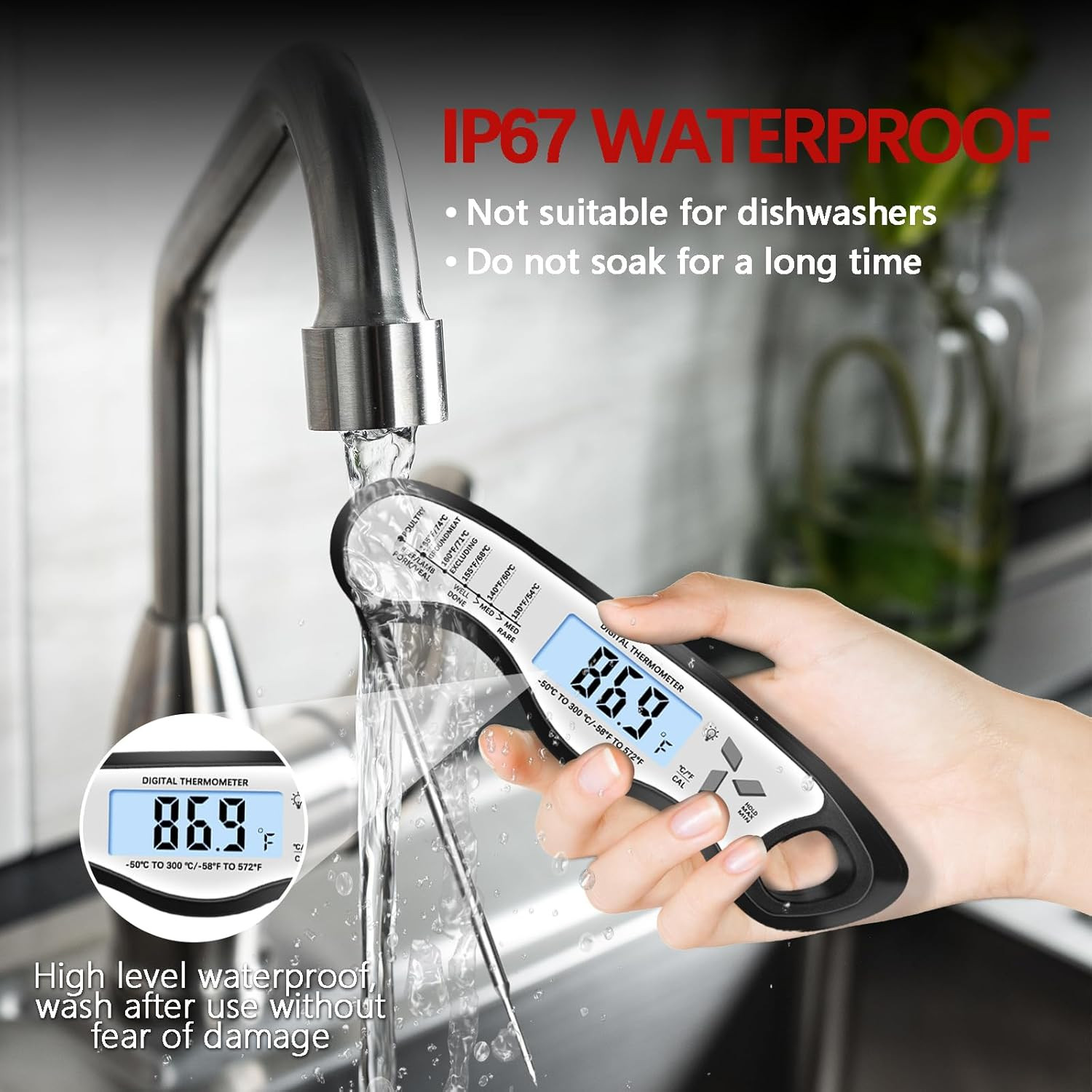 Meat Thermometer Digital，Ip67 Waterproof Cooking Thermometer with Backlight, Cal