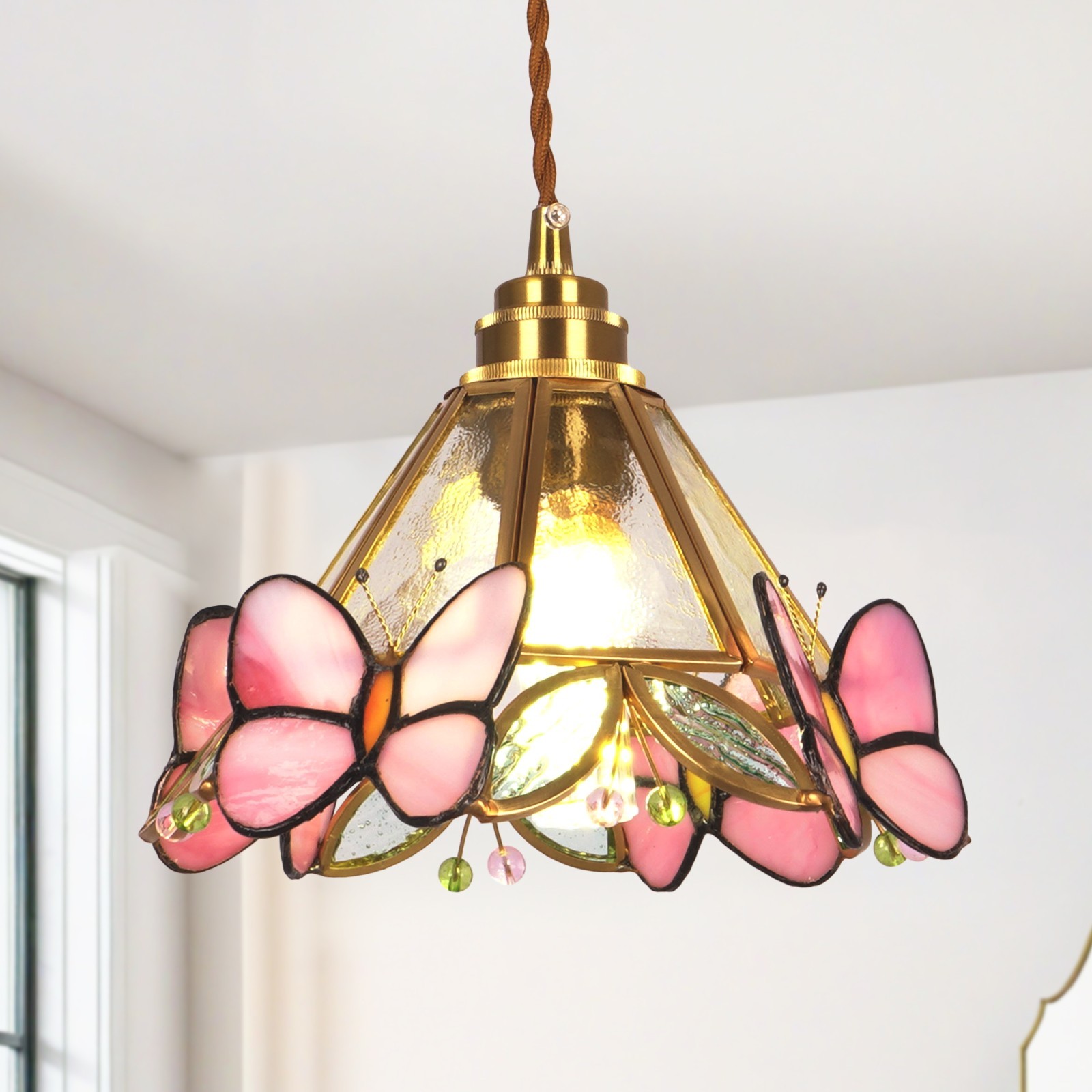8In Creative Glass Lamp, Pink Butterfly Single Head Pendant Light, 3-color Light