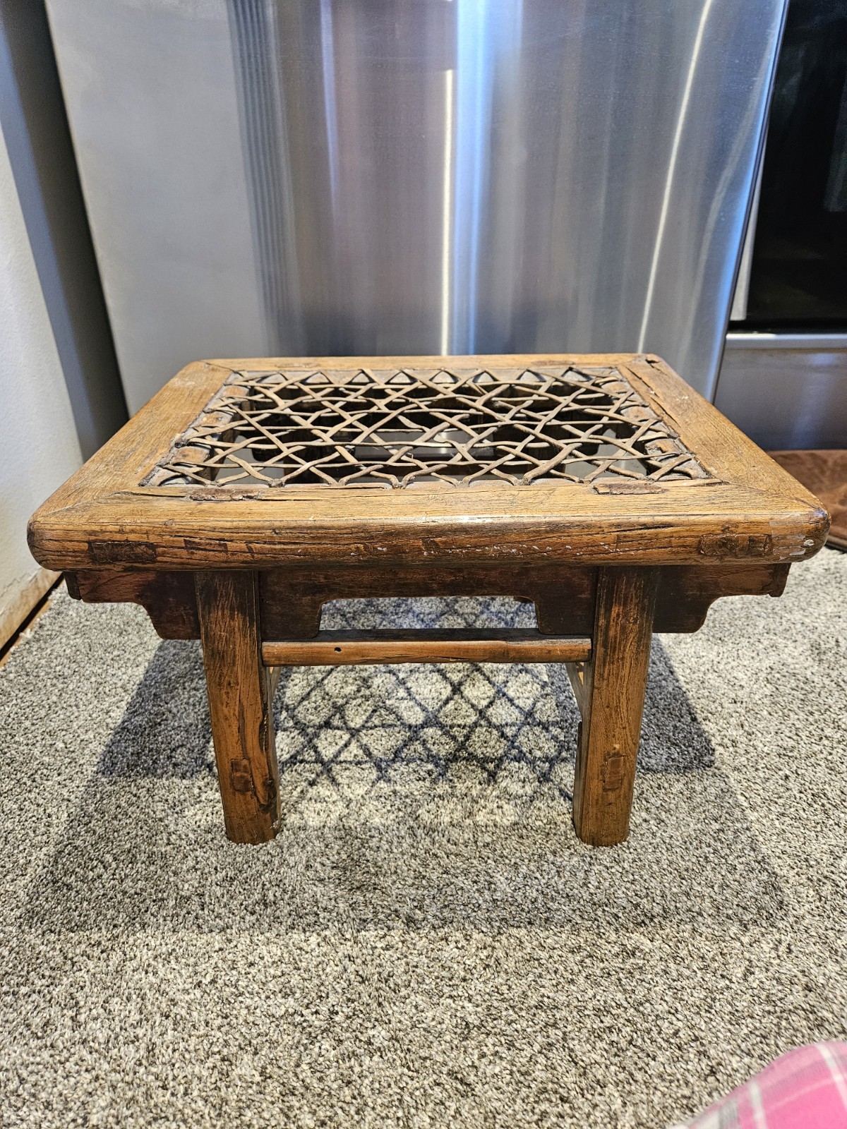 Stool-Chinese Elmwood Stool with A Woven Hide Top. 19th CENTURY. RARE. Vintage.