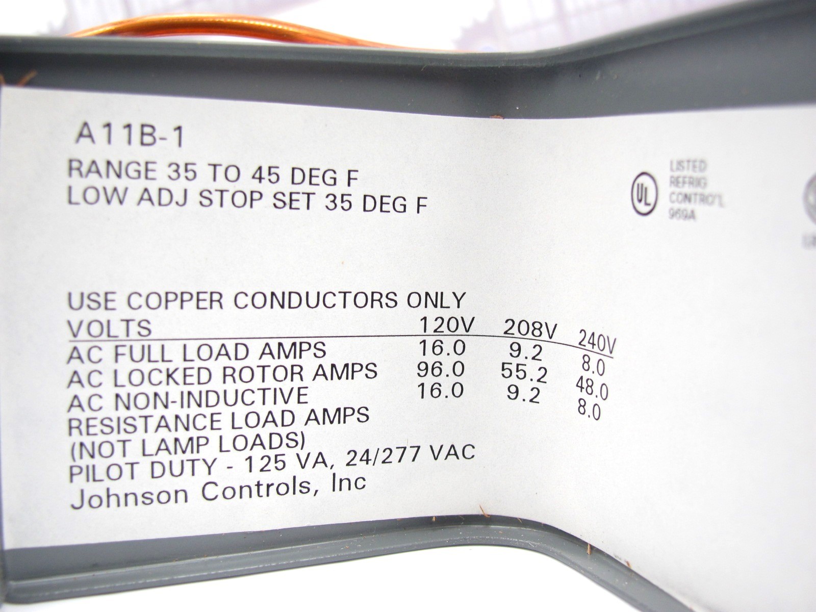 JOHNSON - A11B-1C - Freeze Stat Low Temp Cutout Control w/Auto Reset (35-45F)