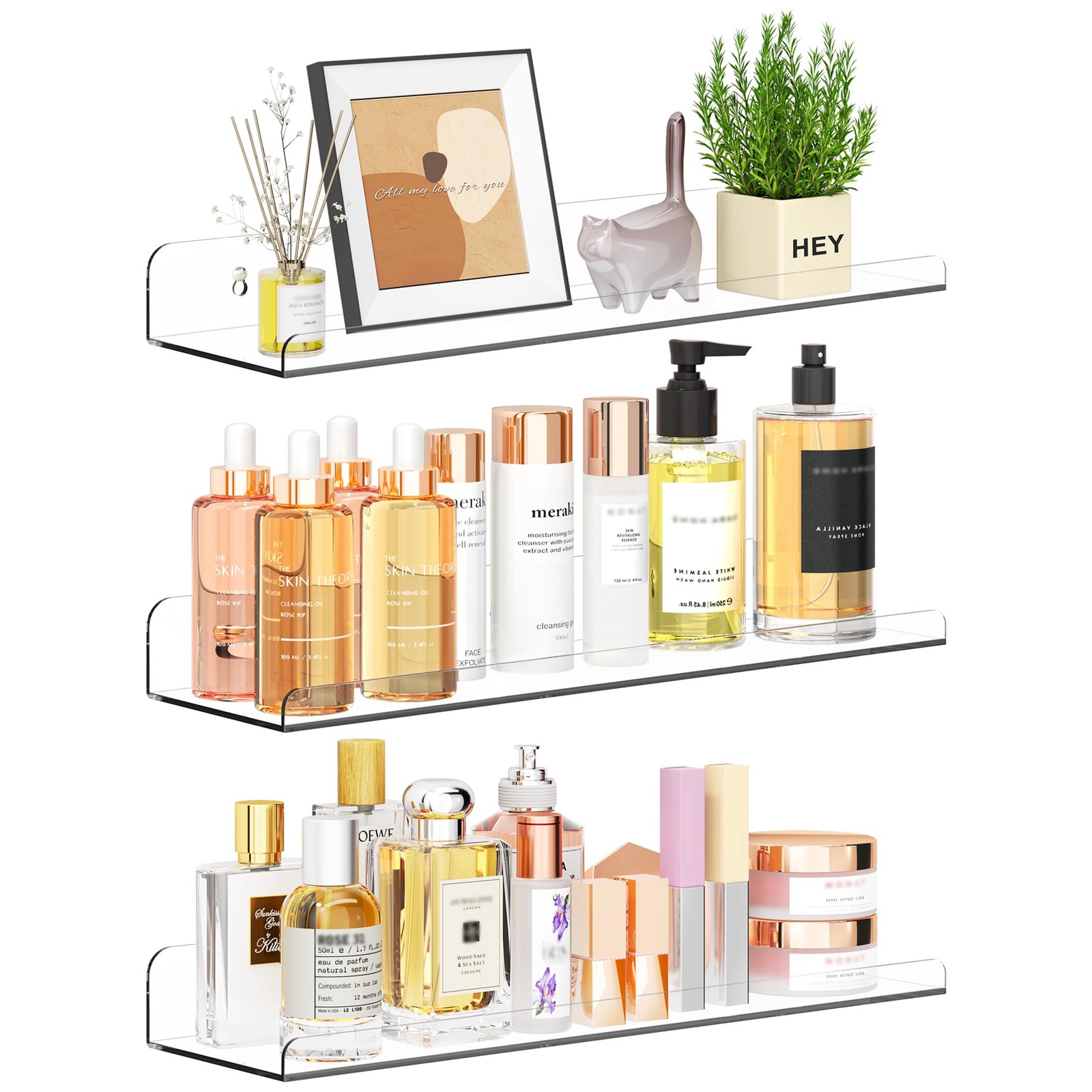 Qukaka Floating Shelves for Wall Decor, 15" Extra Clear 3 Pack,