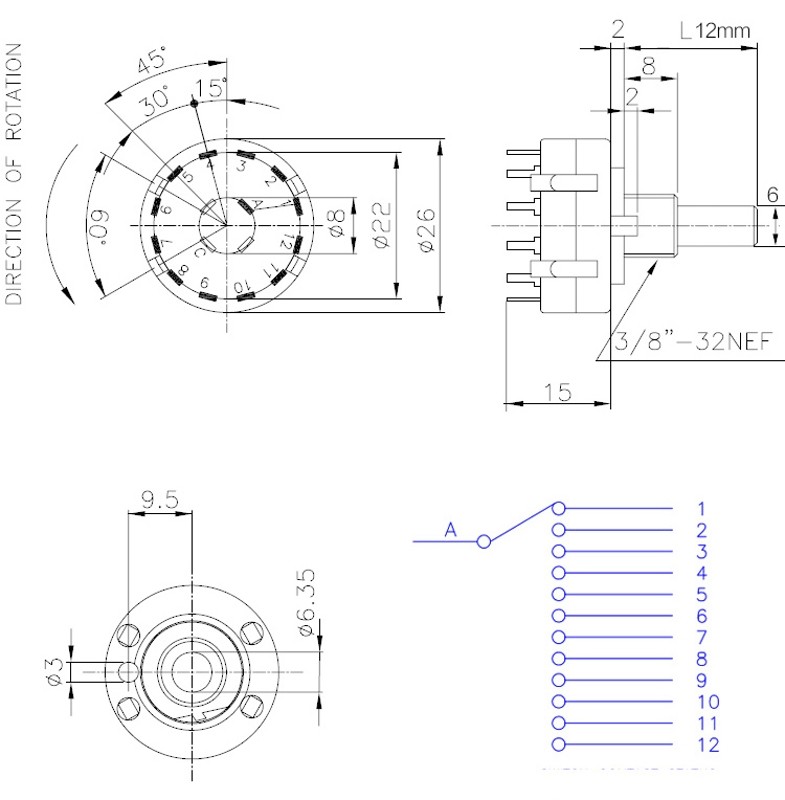 Single Deck Rotary Switch Band Selector 1 Pole 12 Position Selectable Band