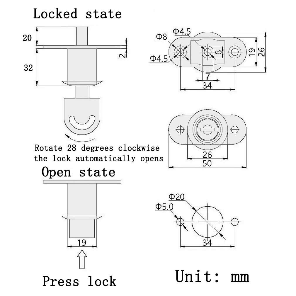 Cylindrical Length 32 Mm Push Plunger Lock Sliding Cabinet Lock 2 Pack