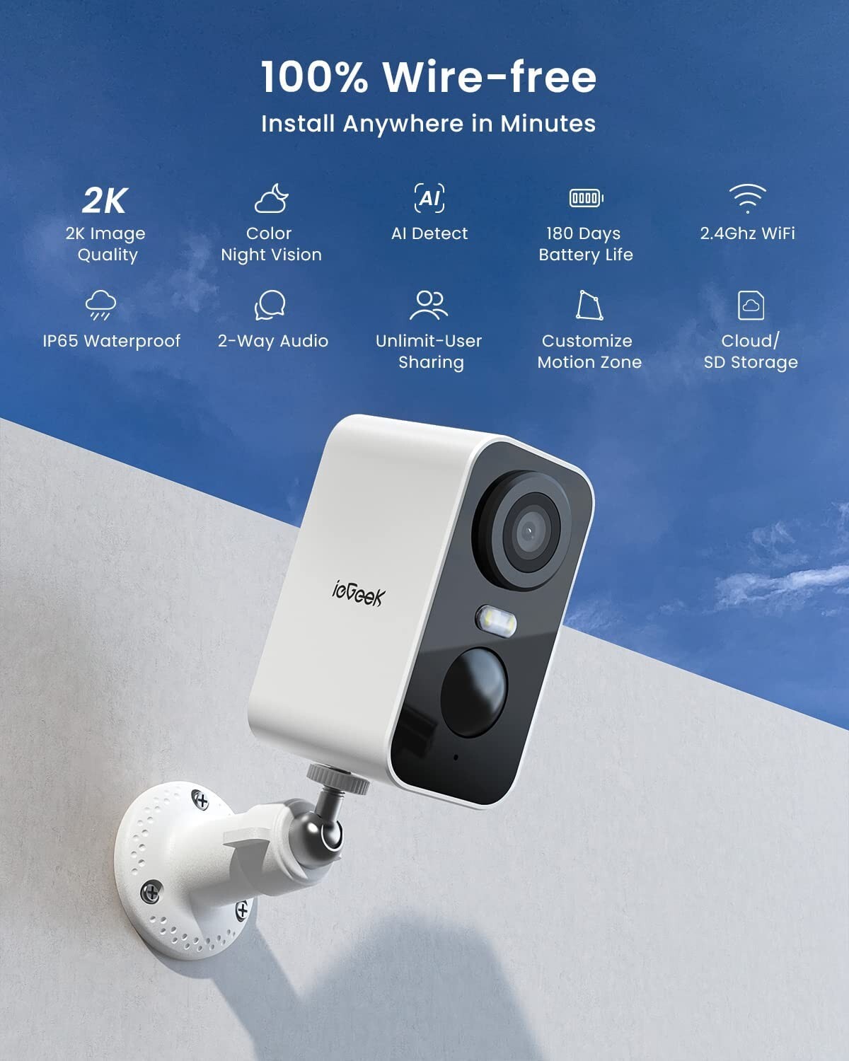 ieGeek Wireless 2K Outdoor Security Camera Indoor WiFi Home Battery CCTV System