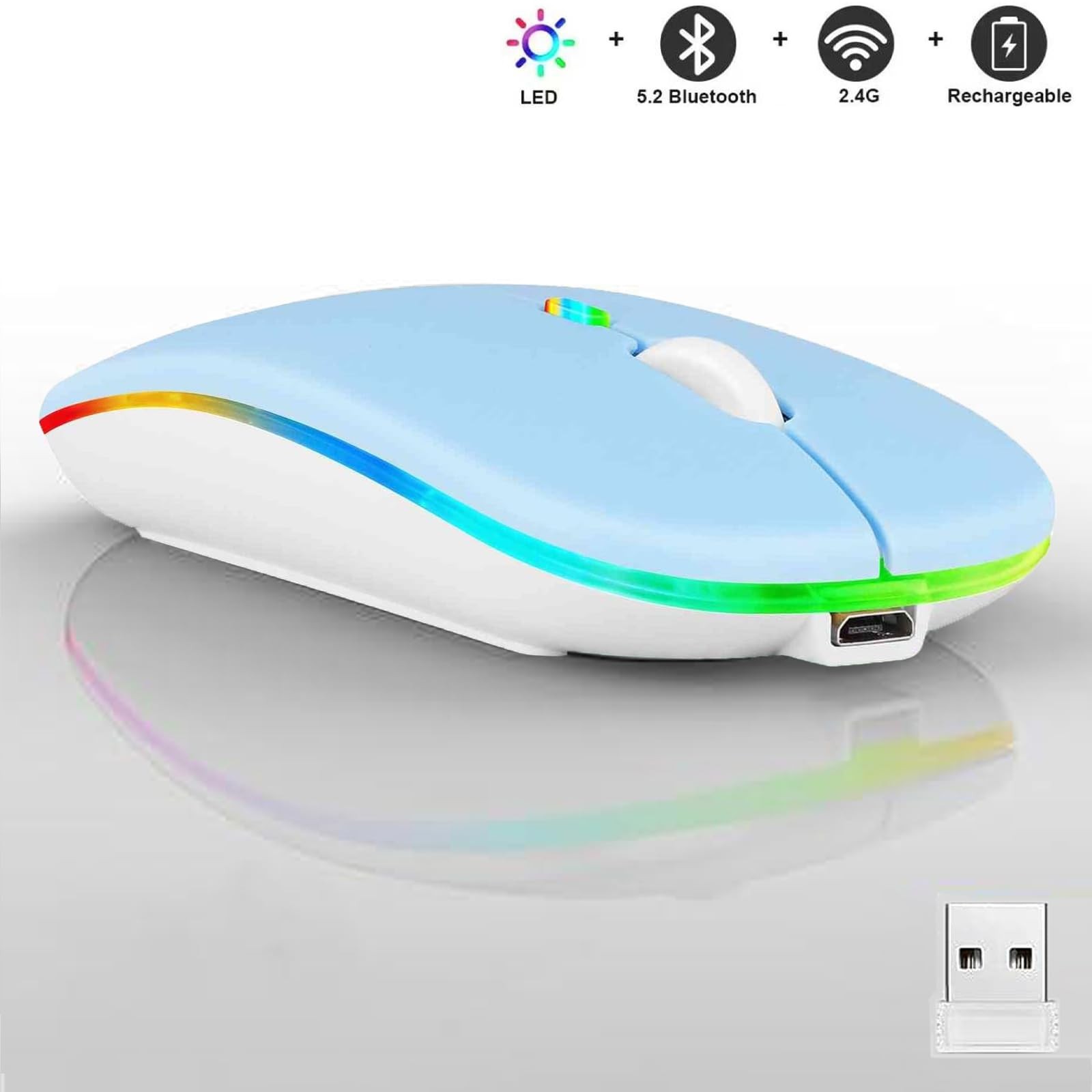 Wireless Bluetooth Mouse,LED Dual Mode Rechargeable Silent Slim Laptop Mouse,...