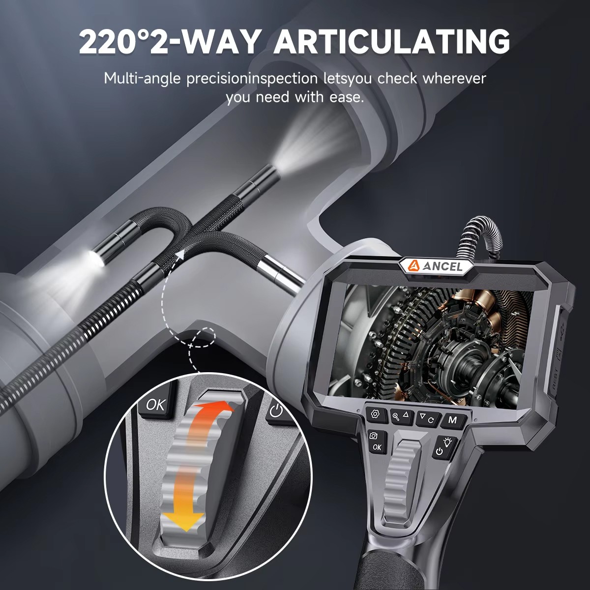 ANCEL AN301 6.2mm Endoscope Articulating 4.3in Screen Hardened Camera Borescope