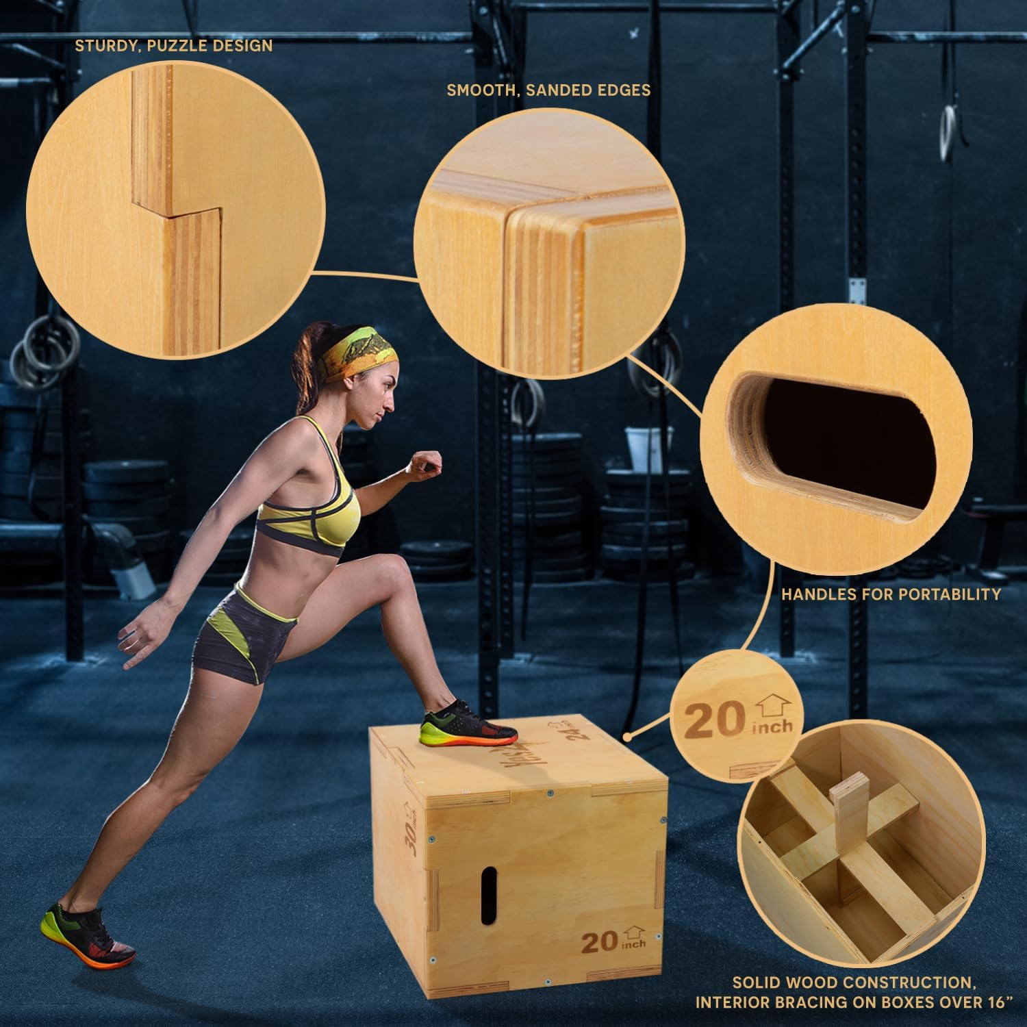Plyo Box, 3-In-1 Wooden Box Jumps for Home Gym, 450 Lbs Boxes Step up with Smoot