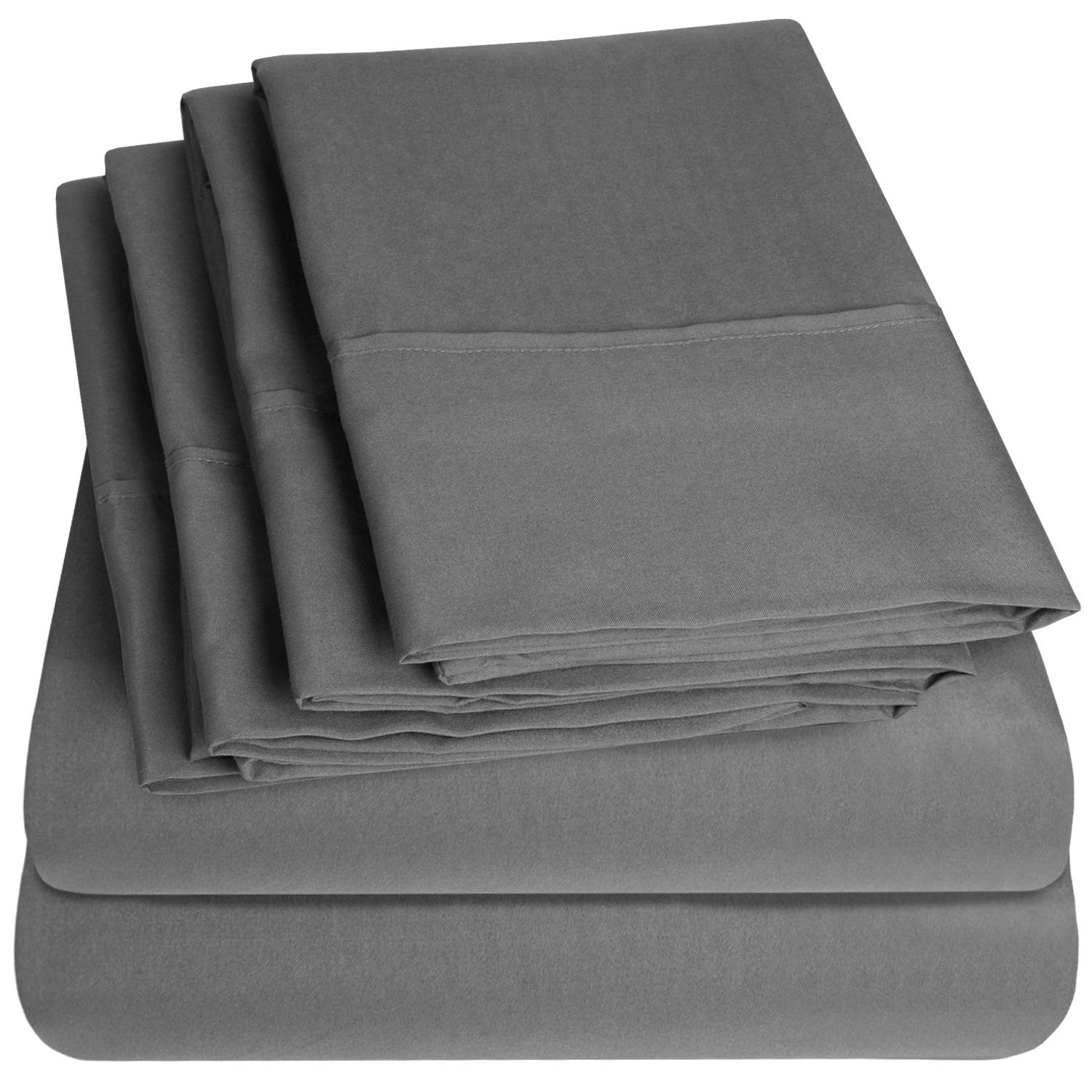 California King Gray Bed Sheet Set With Built In Elastic Corner Straps 6 Piece