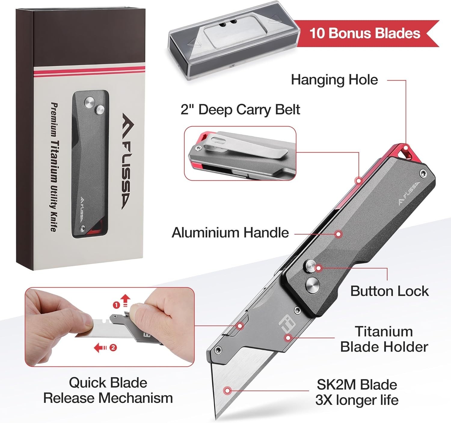 Advanced Titanium Folding Utility Knife with 10 Extra Blades - Gift-Ready Design