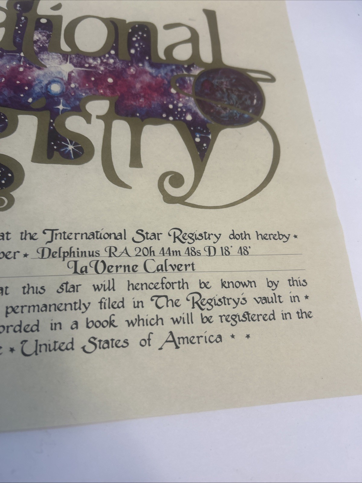 1982 International Star Registry Framed Certificate Cassiopeia Astronomy Space
