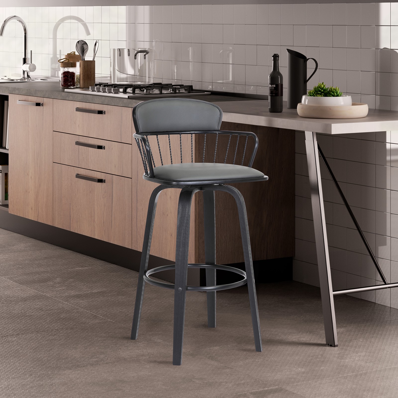 Willow 25.5" Swivel Black Wood Counter Stool in Gray Faux Leather with Black M