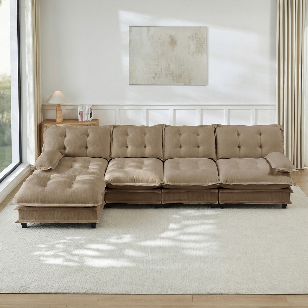 4 Seat L Shaped Sectional Sofa with Ottoman, Chenille Cloud Couch