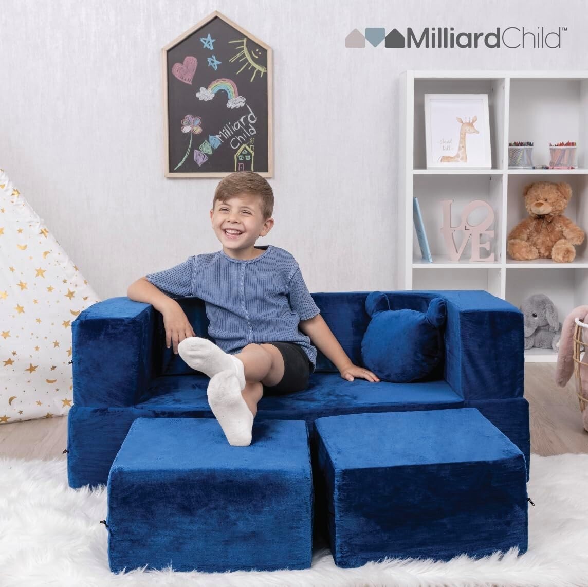 Comfortable Modular Kids Sofa - Navy Blue Loveseat with Pillow for Play Areas