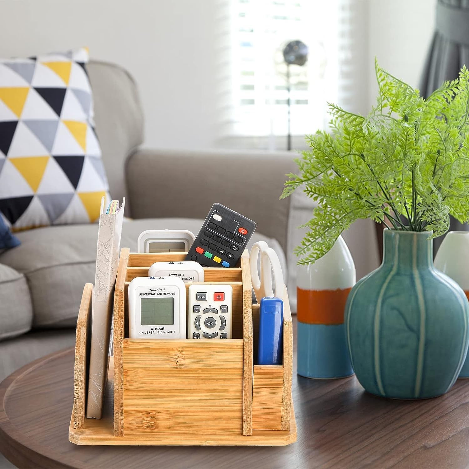 Bamboo Rotating Remote Control Holder for Table 7 Compartments Office Supplies