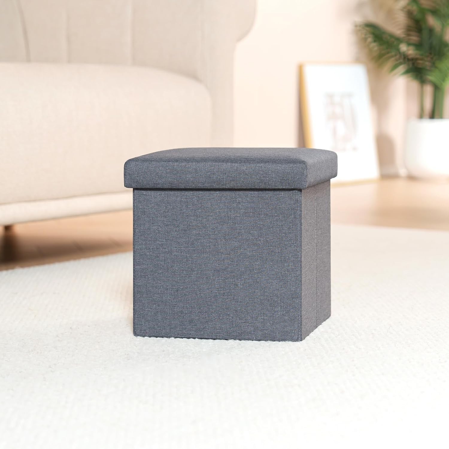 Compact Multi-Purpose Grey Ottoman Cube - Linen Footrest for Living Spaces 11.8"