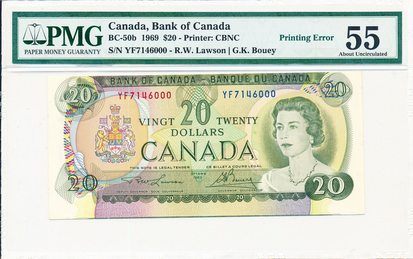 Bank of Canada Canada $20 1969 Printing Error S/No xxxx000 PMG  55