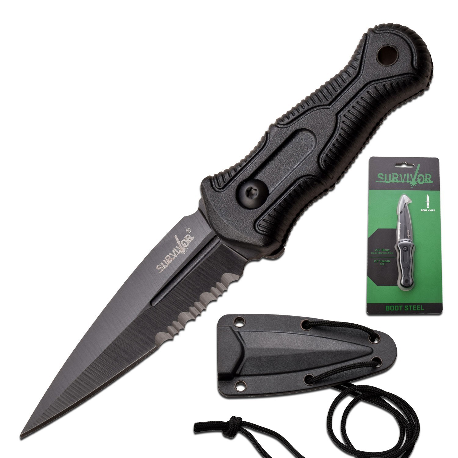 5" Survivor BOOT STEEL Fixed Blade Knife w/Molded Hard Rubber Handle and Sheath