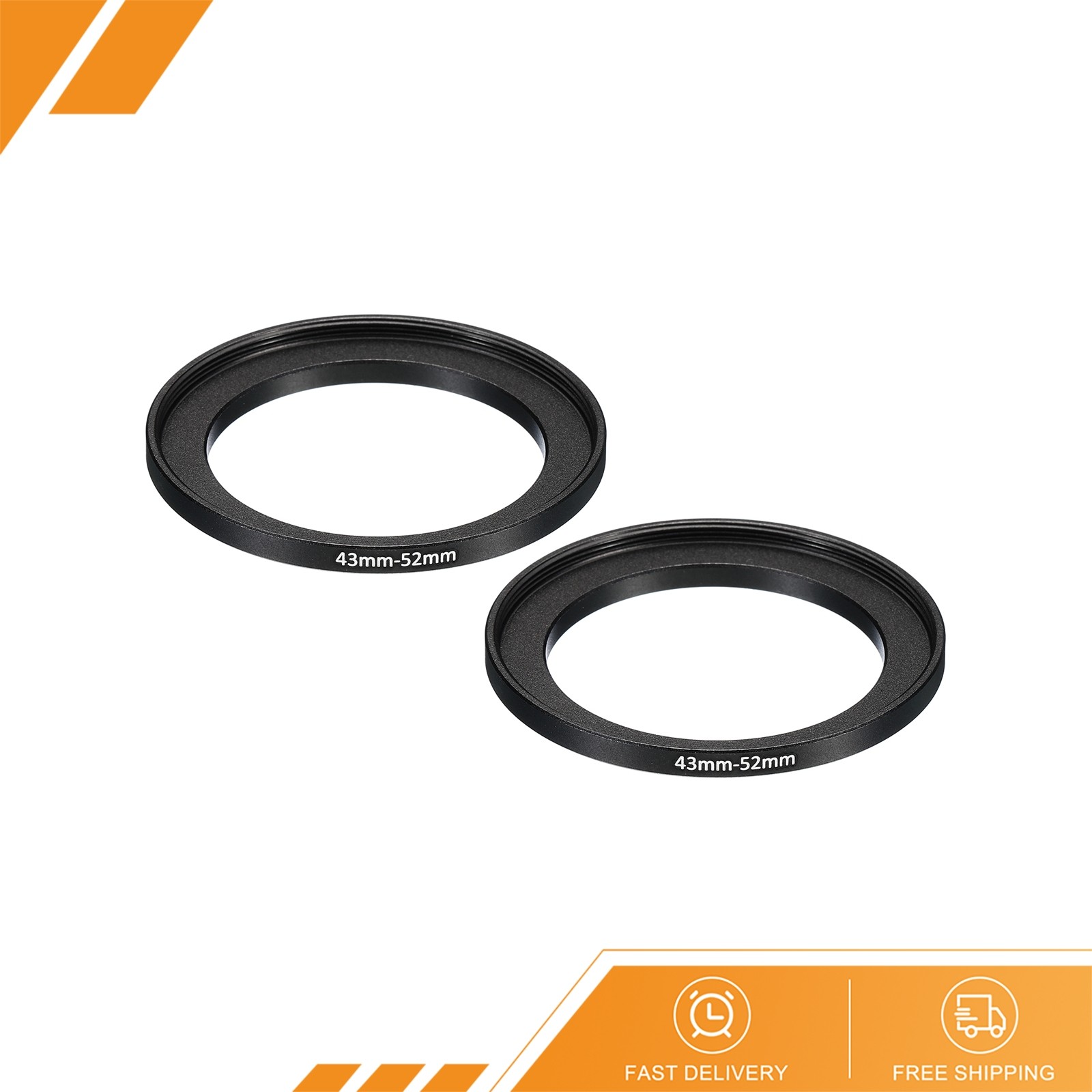 2Pack 43mm-52mm Metal Step Up Ring Camera Lens Filter Adapter Ring Black
