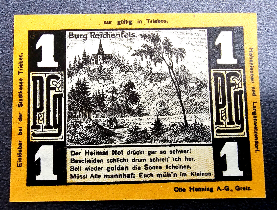 REICHENFELS TRIEBES NOTGELD 1 PFENNIG 1921 EMERGENCY MONEY GERMANY (33145)