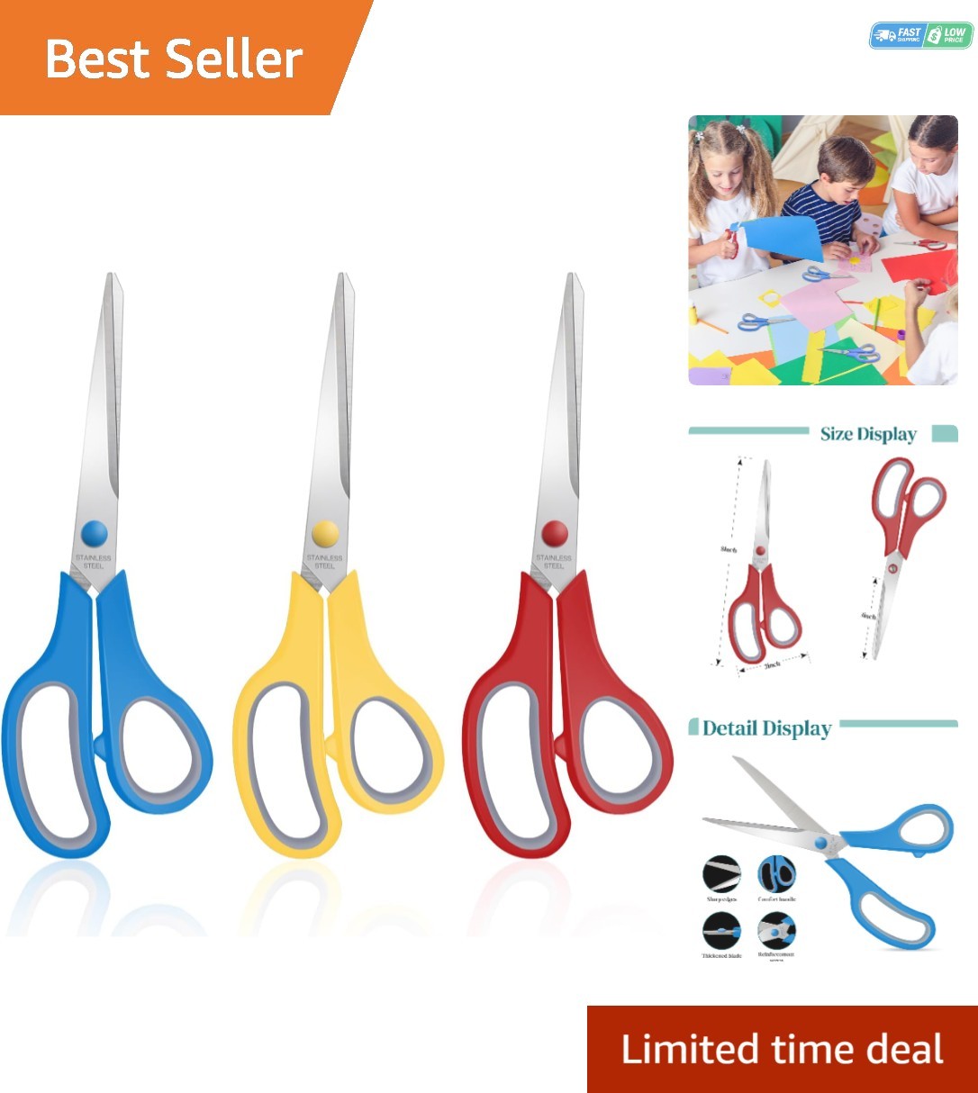 3-Pack 8" Scissors, Stainless Steel Craft Scissors, All Purpose Heavy Duty