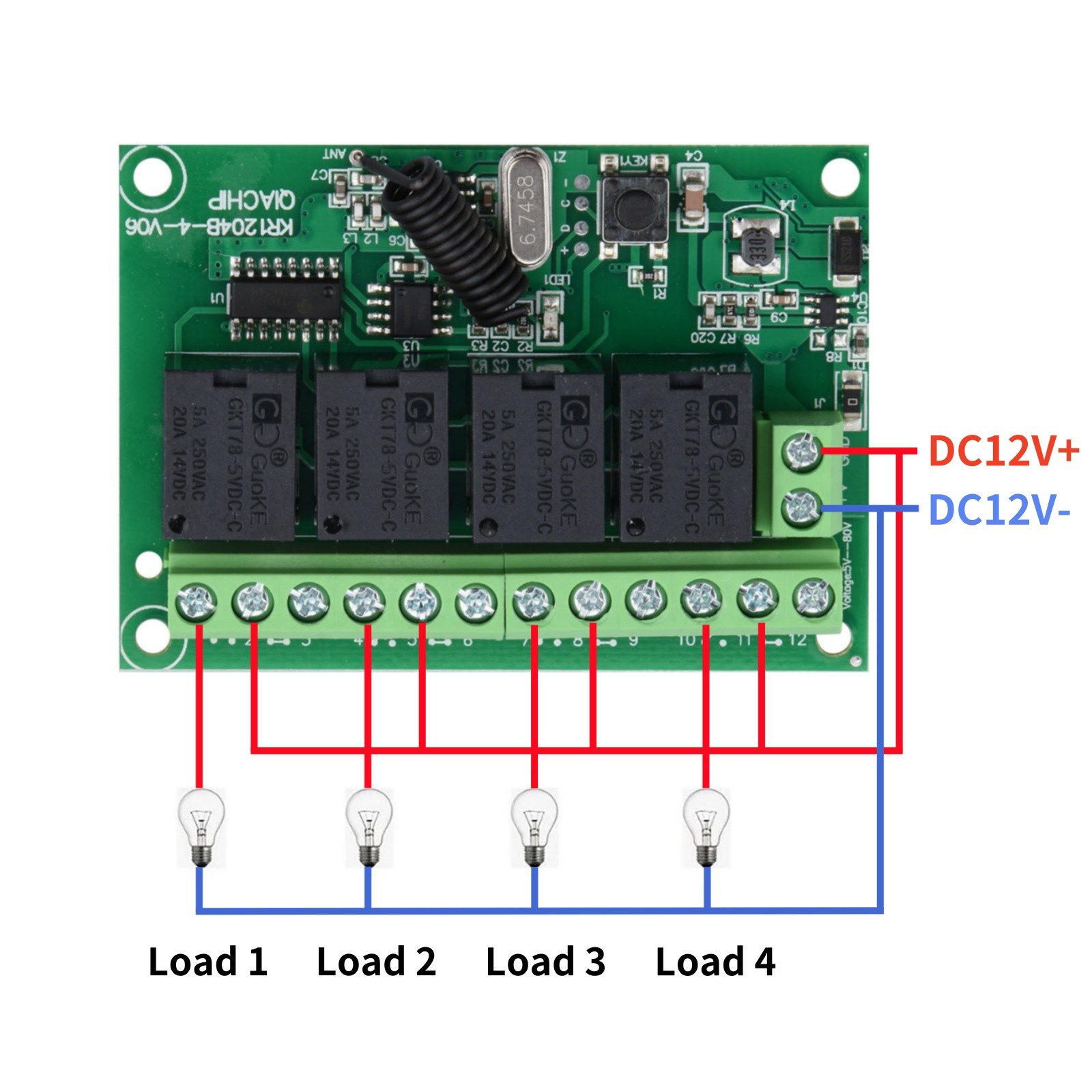 Long Range DC 4-Channel 443MHz Wireless RF Remote Control Relay Switch