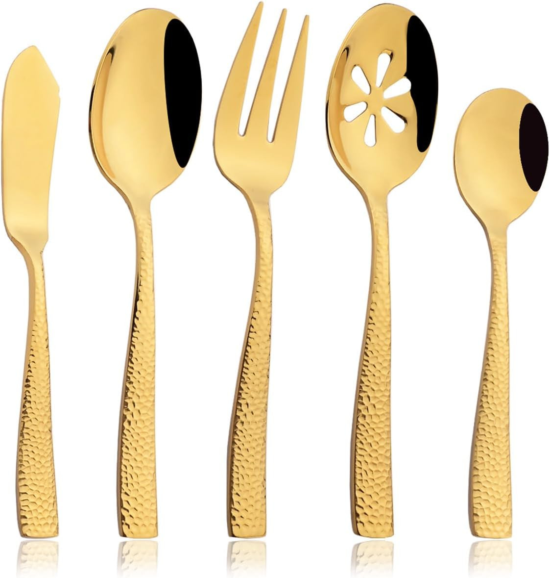 5-Piece Gold Hammered Flatware Hostess Set Stainless Steel Serving Fork Slotted