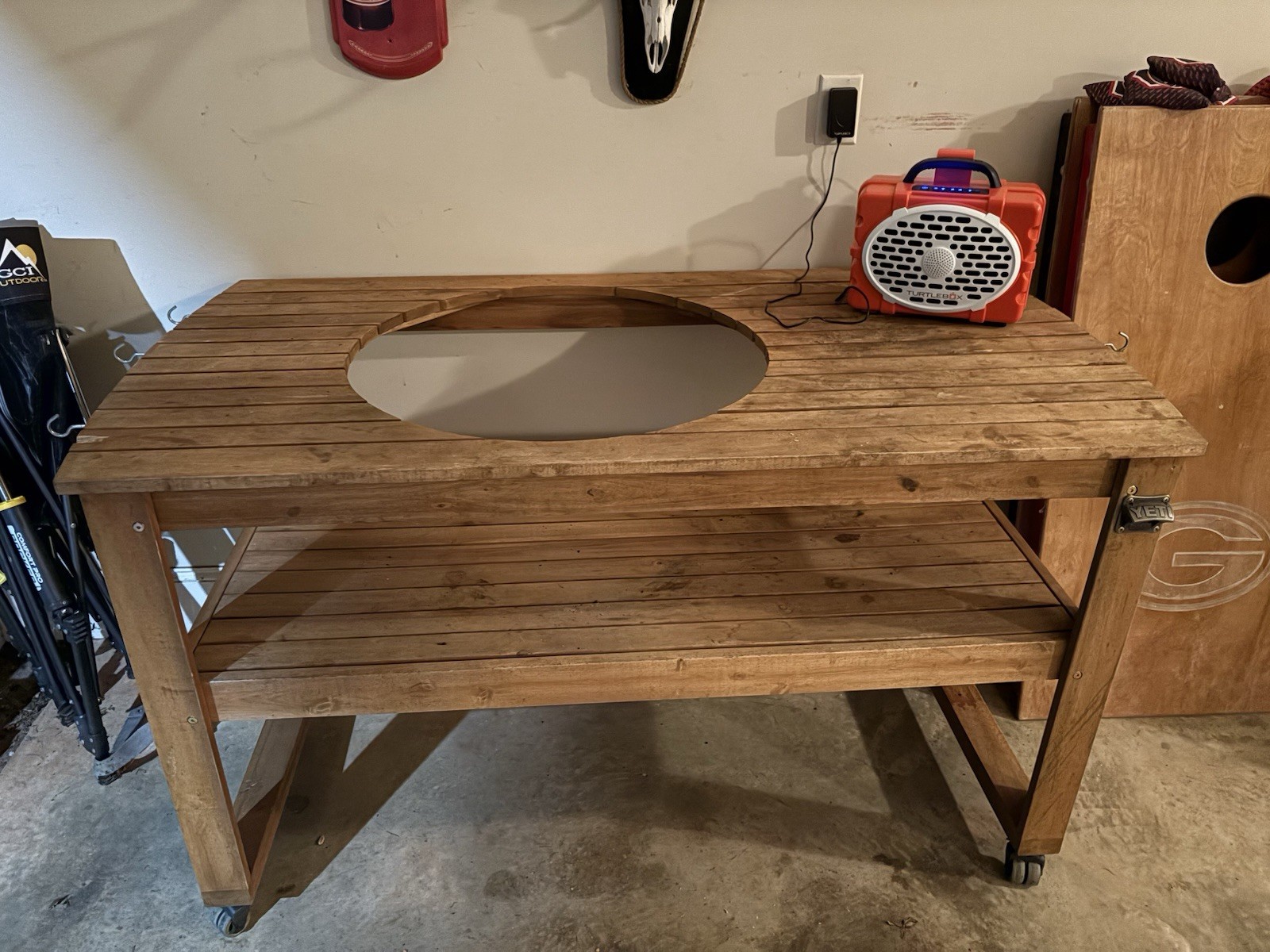 Grill table with Wheels and Lower Shelf, Brown Wooden