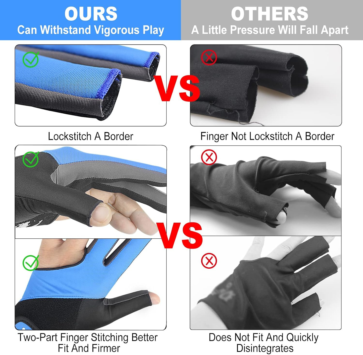 Billiard Pool Gloves for Left Hand 3 Finger, Splicing Process, Snooker Cue