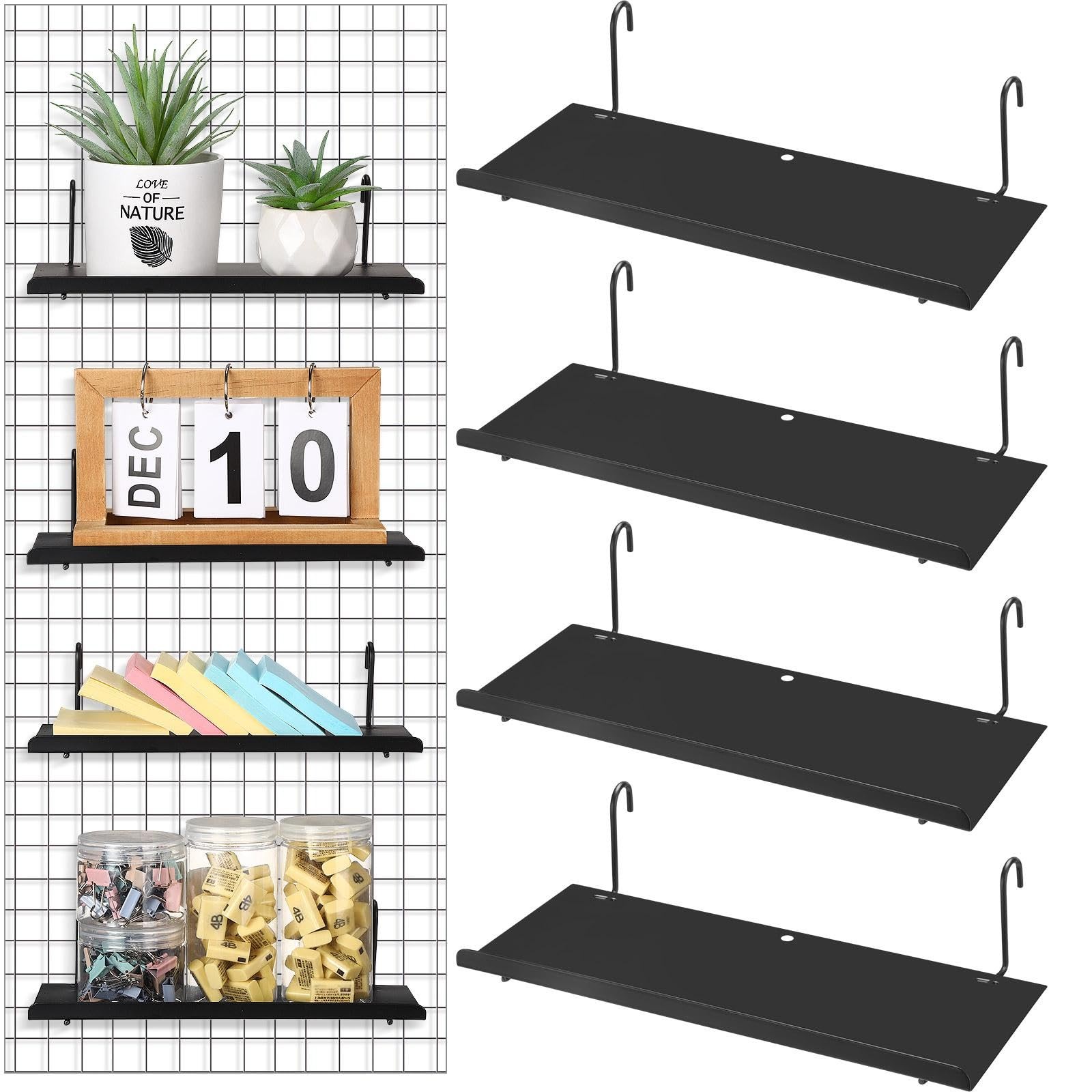 Pinkunn 4 Pcs Gridwall Shelf Metal Hanging Wall 9.8 x 3.4 Inch, Black