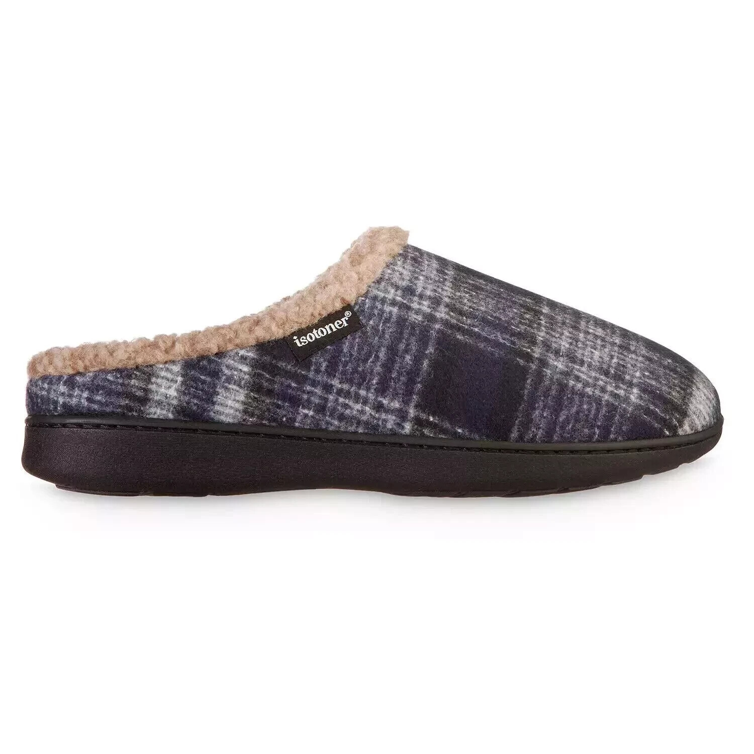 Isotoner Mens Plaid Hoodback Slipper, Navy Blue, Medium(8-9)