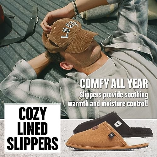 Micro-Suede Scuff Indoor Slippers for Men with Plush Lining Large Tan Flap